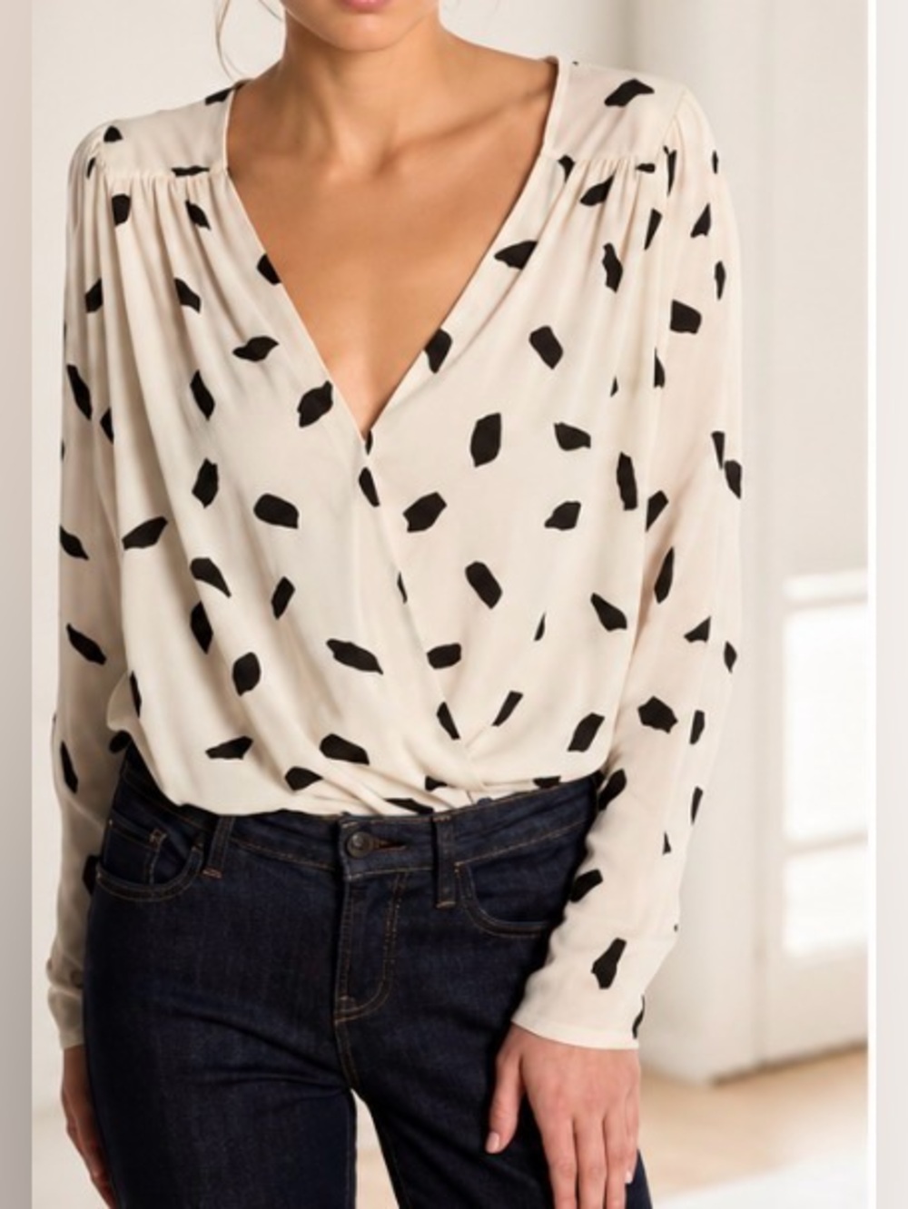 350 ASTR The Label Sheer Draped Bodysuit Medium Cream Black Surplice Top